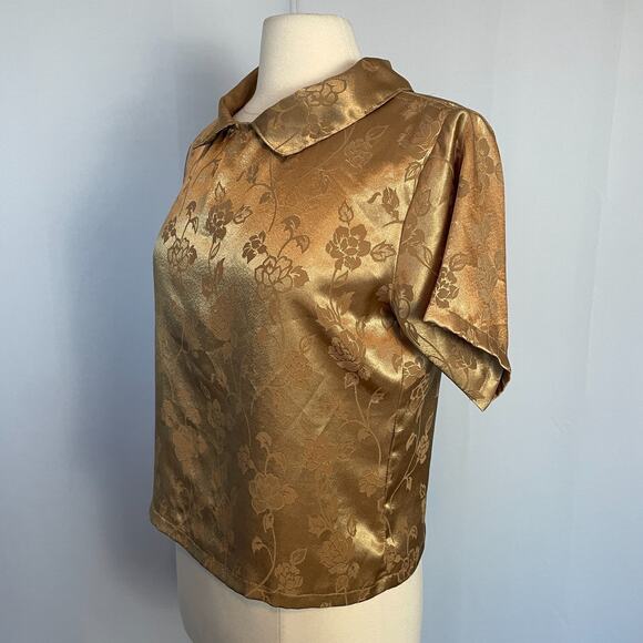 Blouse Top Size Small XS Gold Rose Floral Jacquard Short Sleeve Coquette Twee - Picture 5 of 11